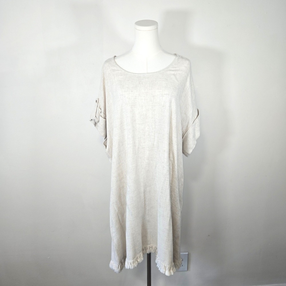 Umgee Tunic Dress Women XL Oatmeal Linen Blend Fringe Hem Pockets WC1996‎